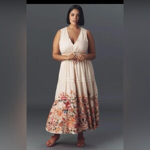 Anthropologie Somerset Maxi floral Dress: Linen TieEdition smocked waist pocket